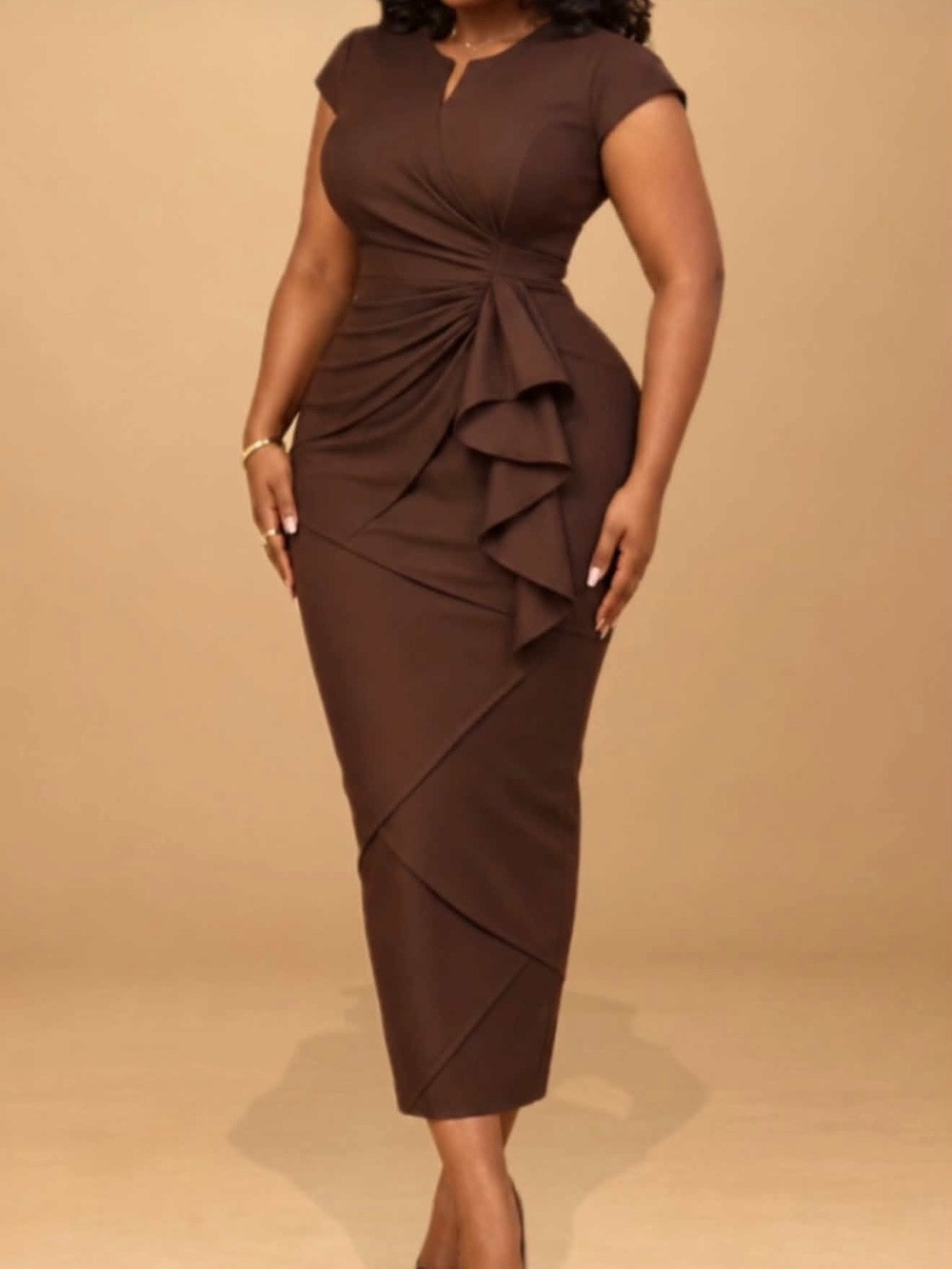 Apex Brown Ruched Midi Sheath Dress